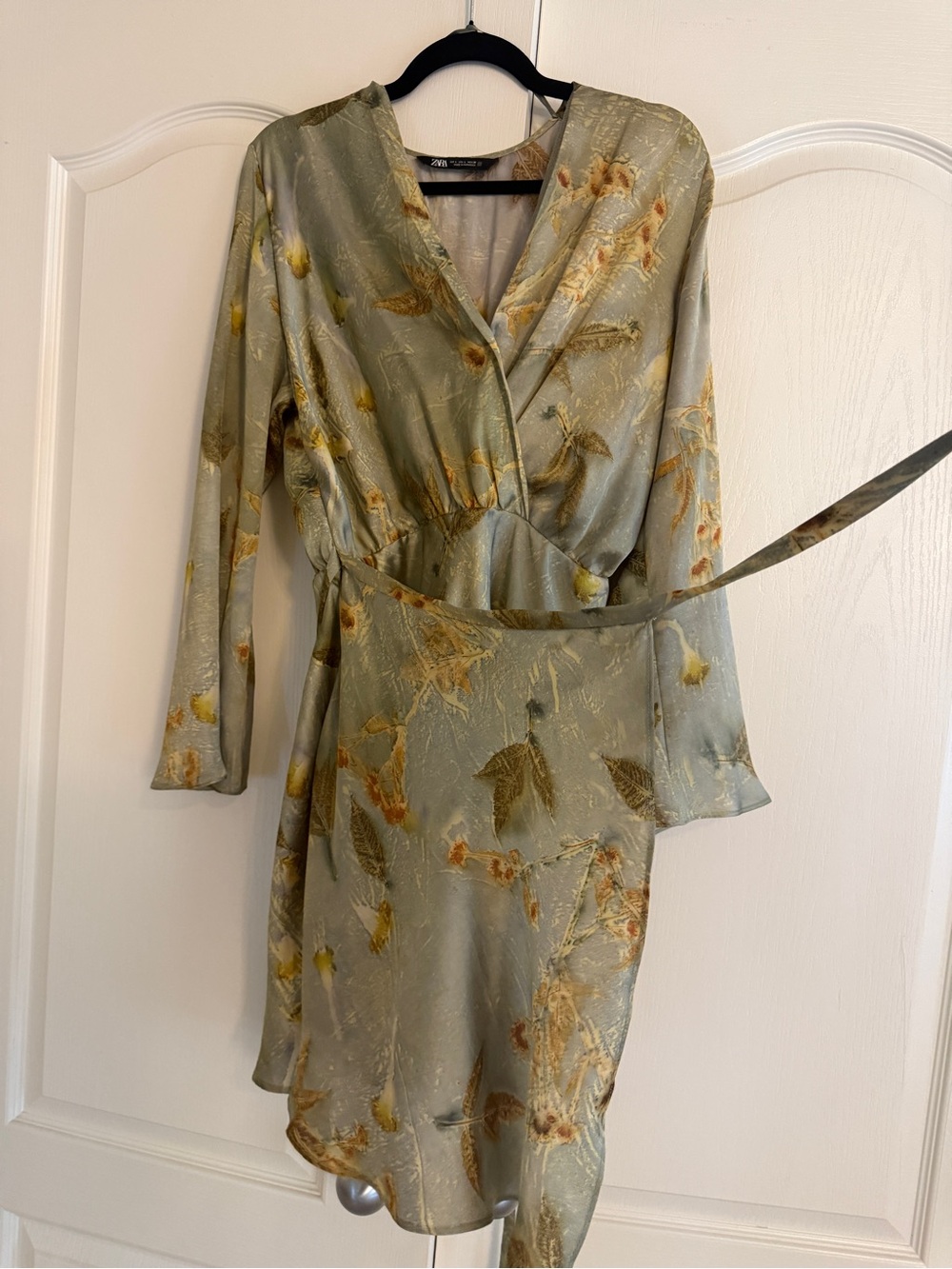 Zara Sage Green Floral Wrap Dress with Yellow Accents